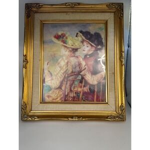 Vintage Renoir Two Girls Offset Lithography Print Ornate Gold Frame The Guild